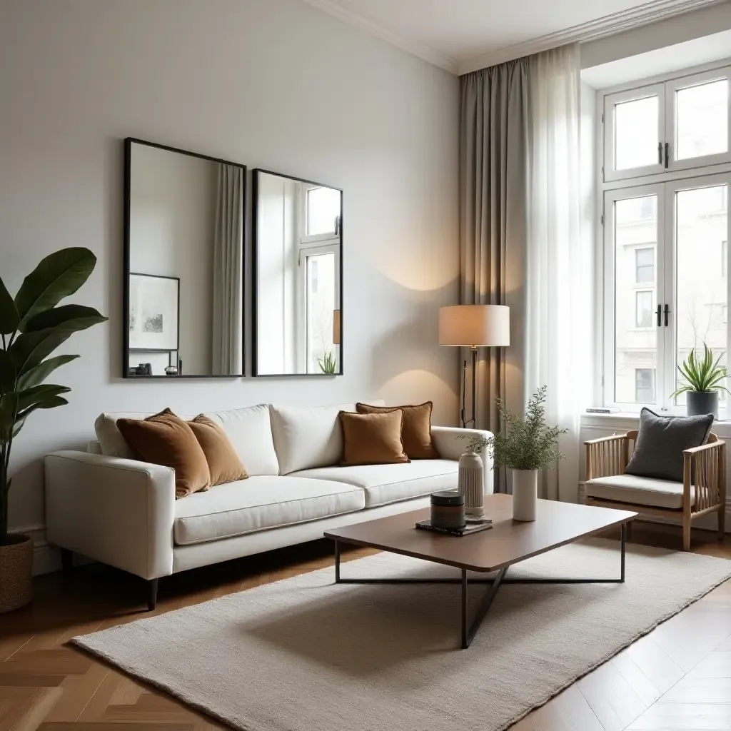 a photo of a chic urban living room with mirrors amplifying light and space