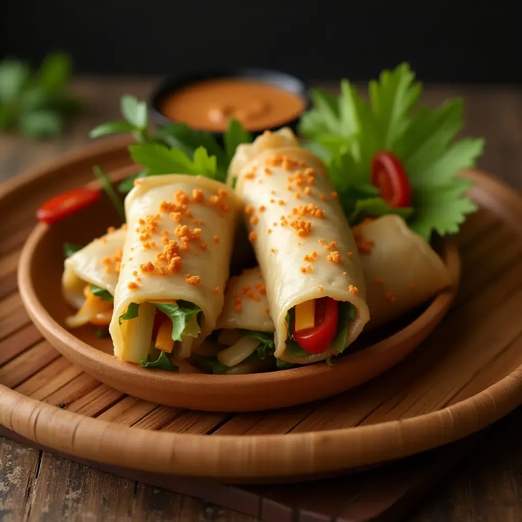 a photo of Thai-style vegetarian spring rolls with peanut dipping sauce on a bamboo tray.