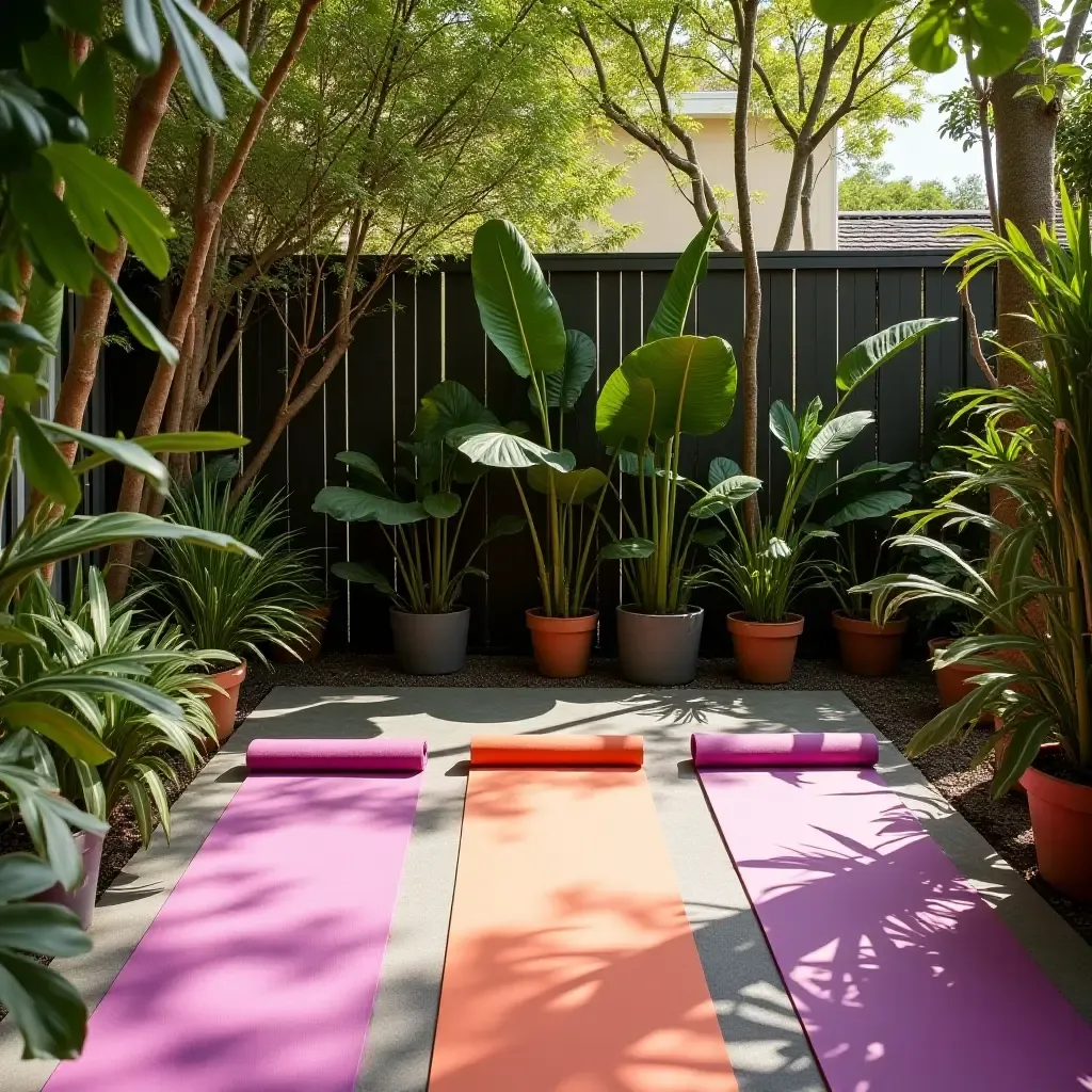 a photo of a backyard yoga space with vibrant mats and plants