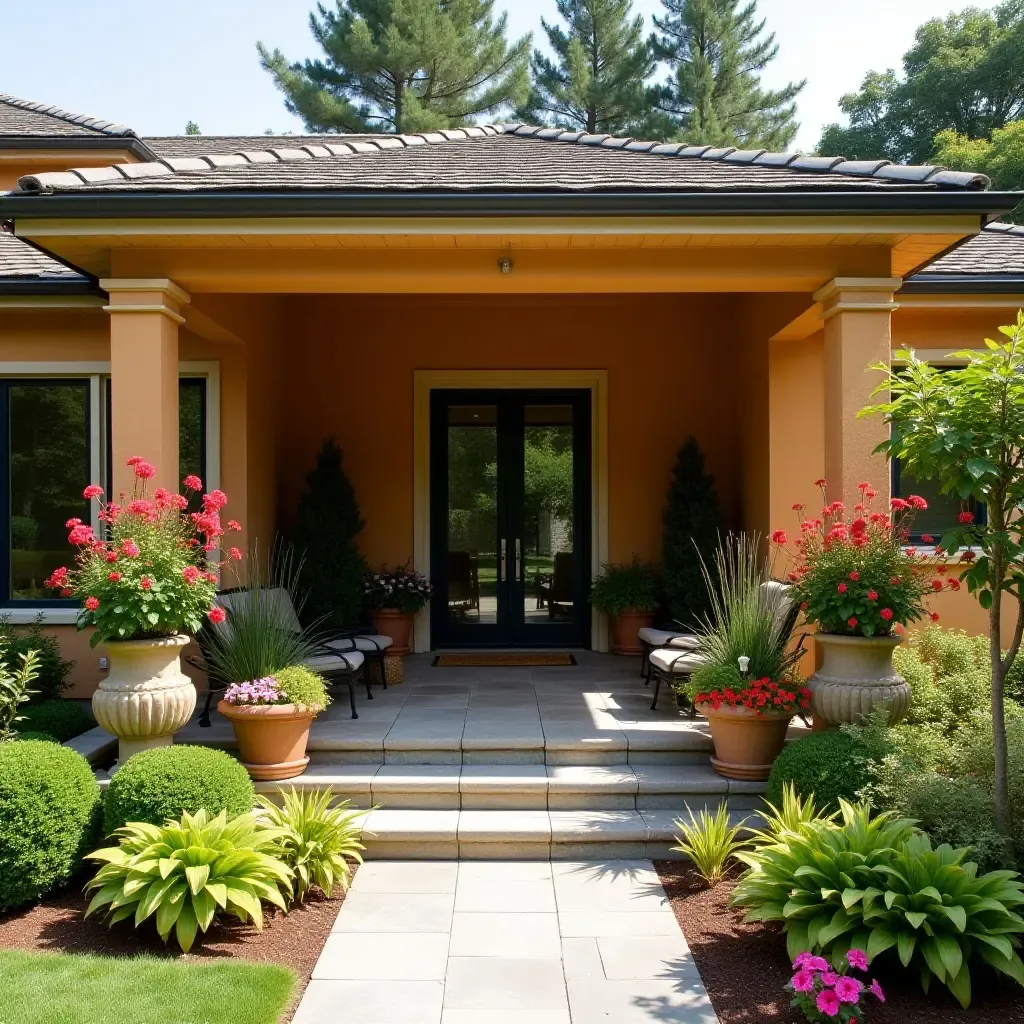 a photo of a colorful detached covered patio adorned with vibrant plants and flowers