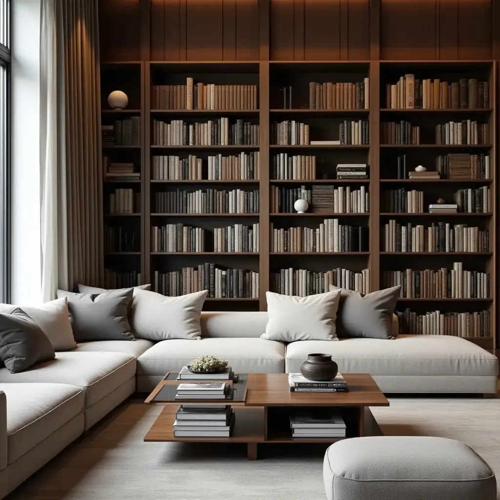 a photo of a library with a stylish coffee table and organized book display