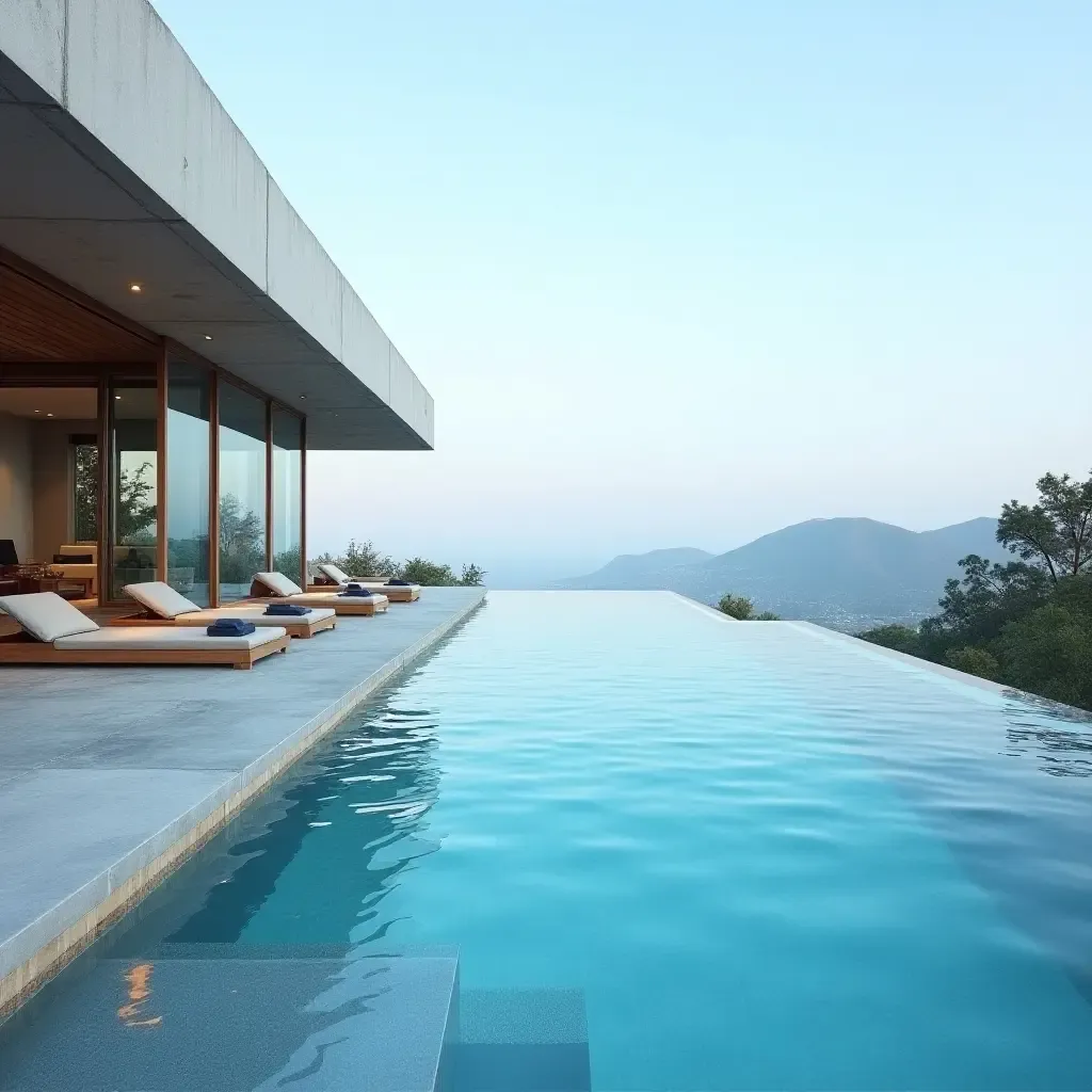 a photo of a luxurious infinity pool with metallic edge accents and seating