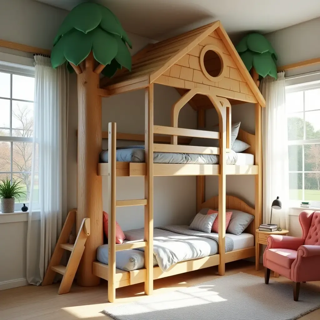 a photo of a whimsical treehouse bunk bed in a child&#x27;s room