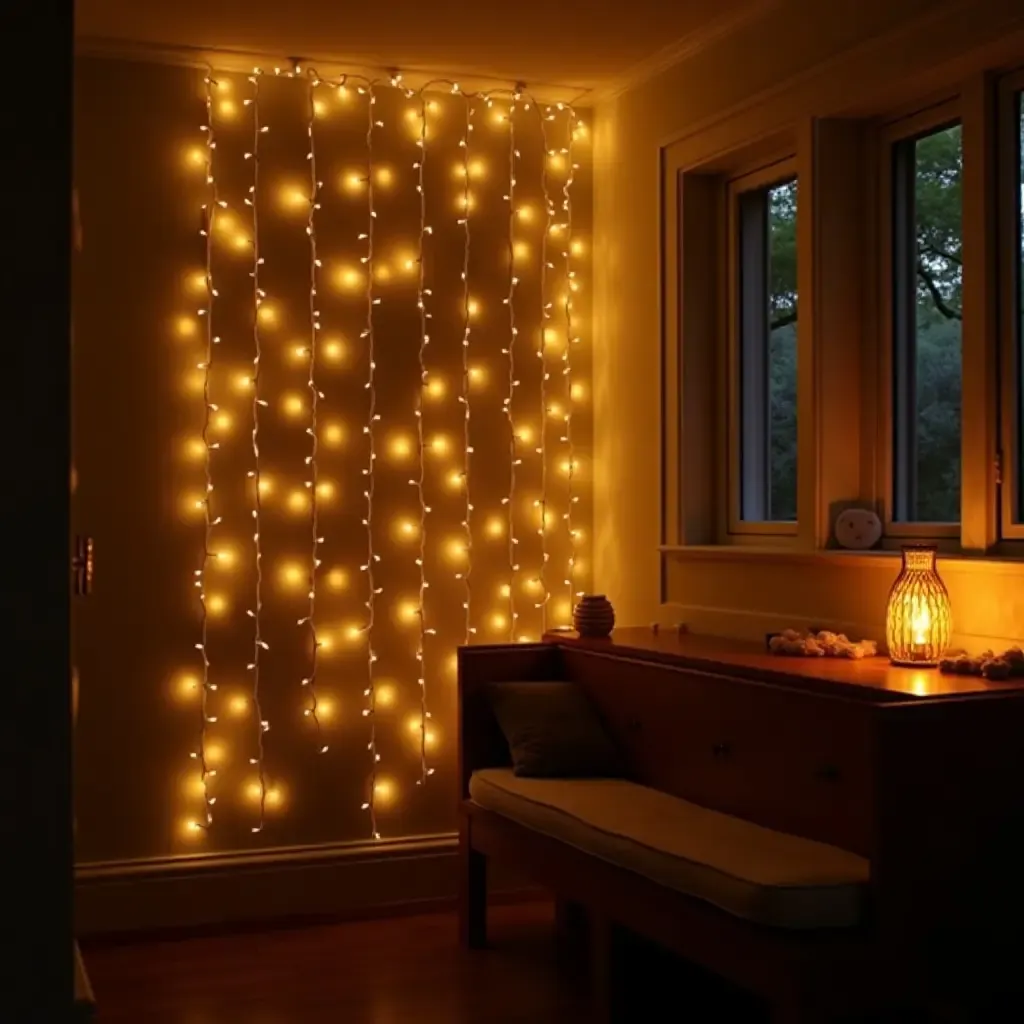 a photo of a cozy corner with a wall of fairy lights