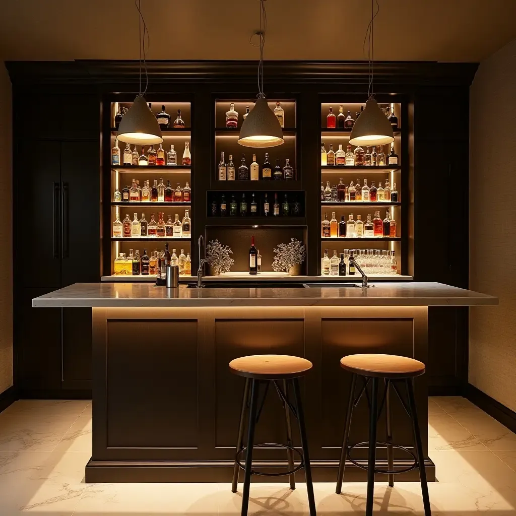 a photo of a basement bar with stylish bottle storage