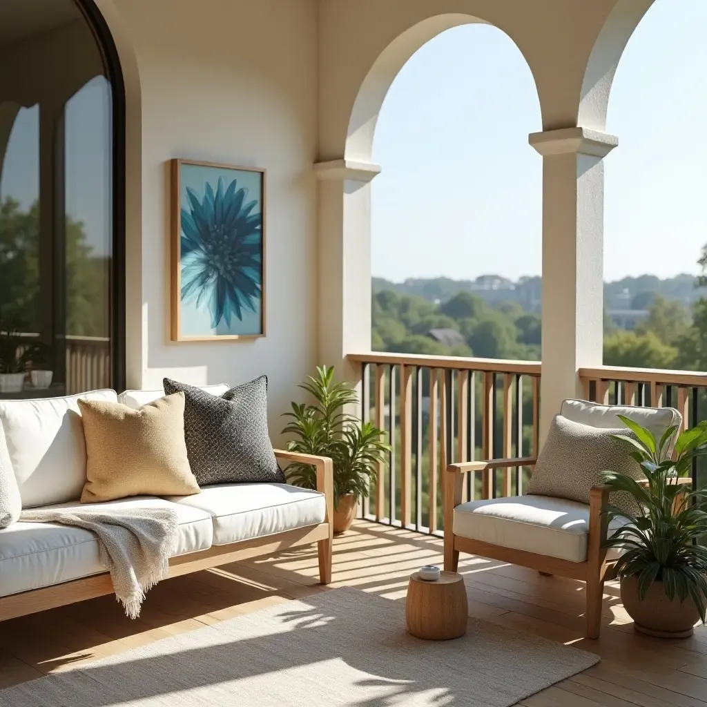 a photo of a balcony with throw pillows complementing outdoor art