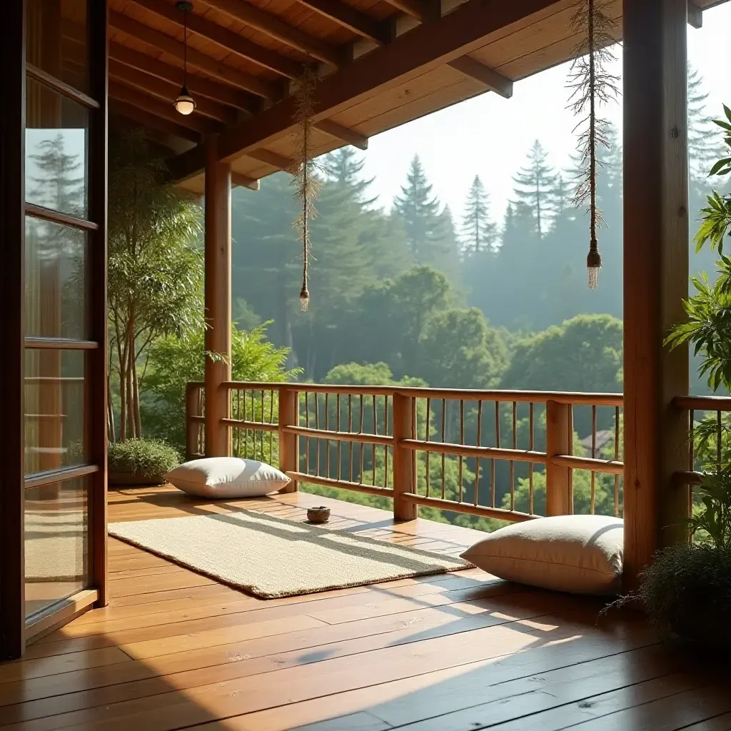 a photo of a zen balcony with meditation cushions and bamboo accents