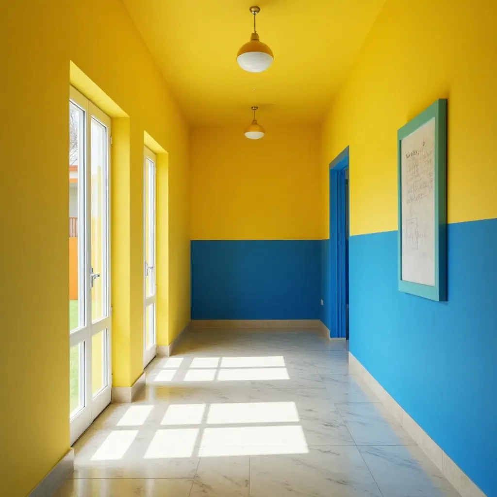 a photo of a cheerful lemon yellow and royal blue hallway