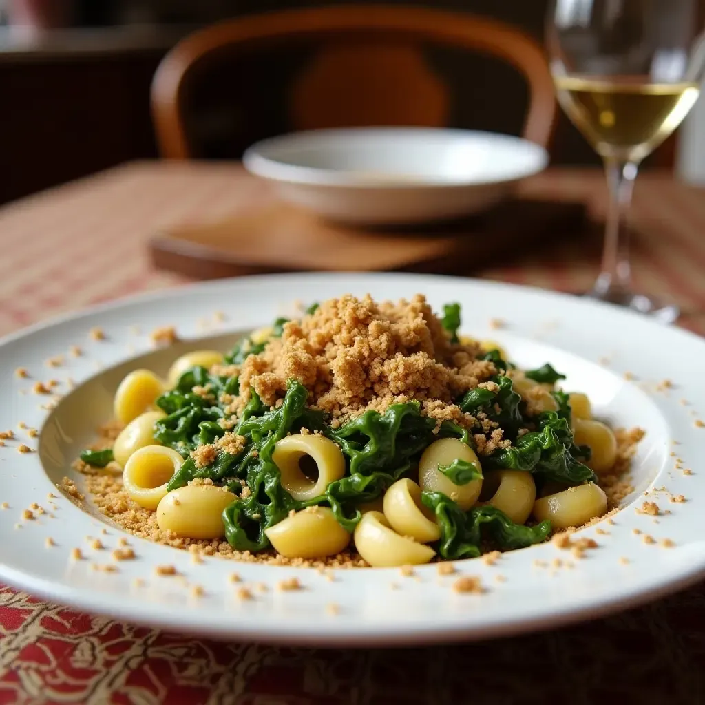 a photo of a traditional Italian dining table with a dish of Orecchiette con Cime di Rapa, topped with breadcrumbs.