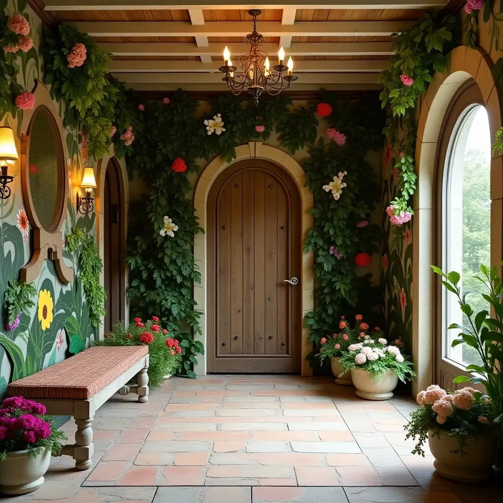 a photo of a whimsical entrance hall with a colorful wall of plants and flowers