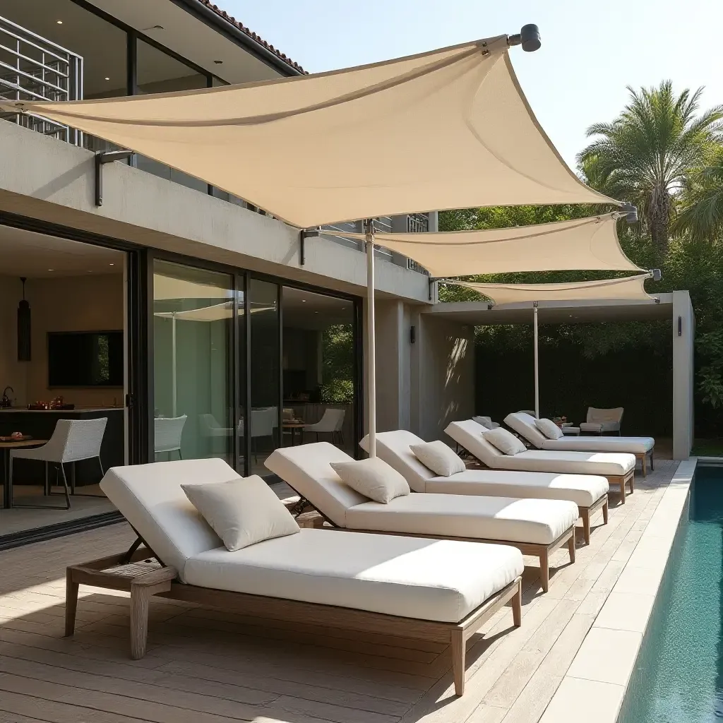 a photo of an elegant poolside setting with luxurious fabric canopies, natural wood flooring, and chic metal accents