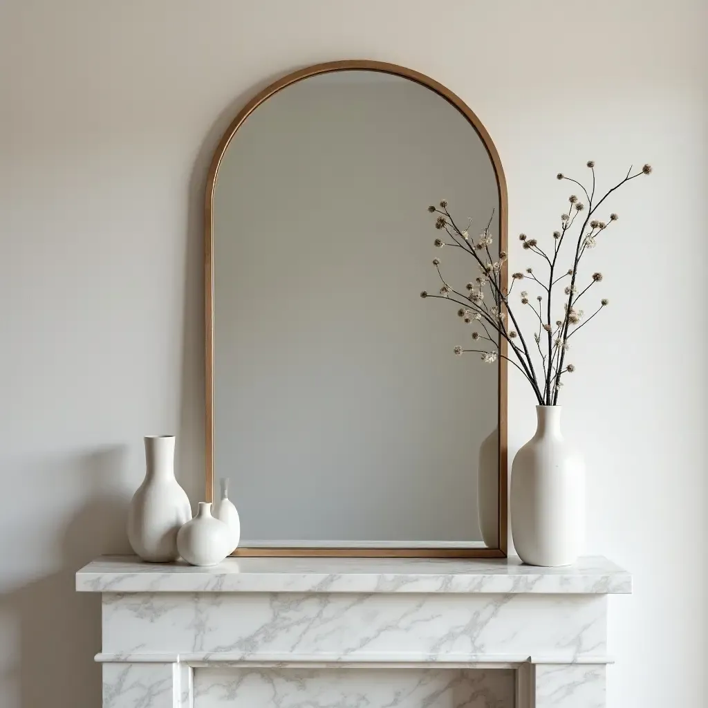 a photo of a sleek mantel with a frameless mirror and minimalist vases