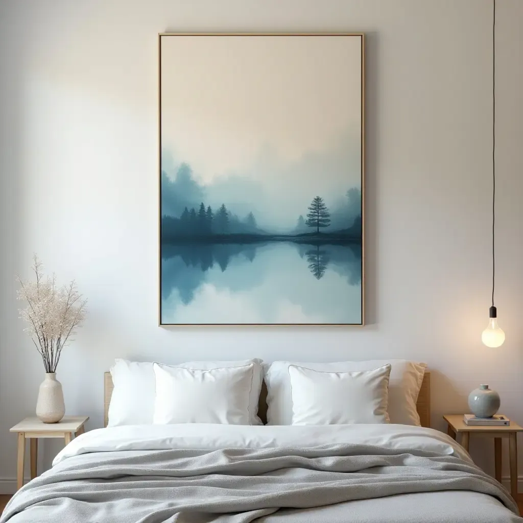 a photo of a large canvas painting in calming colors above a bed