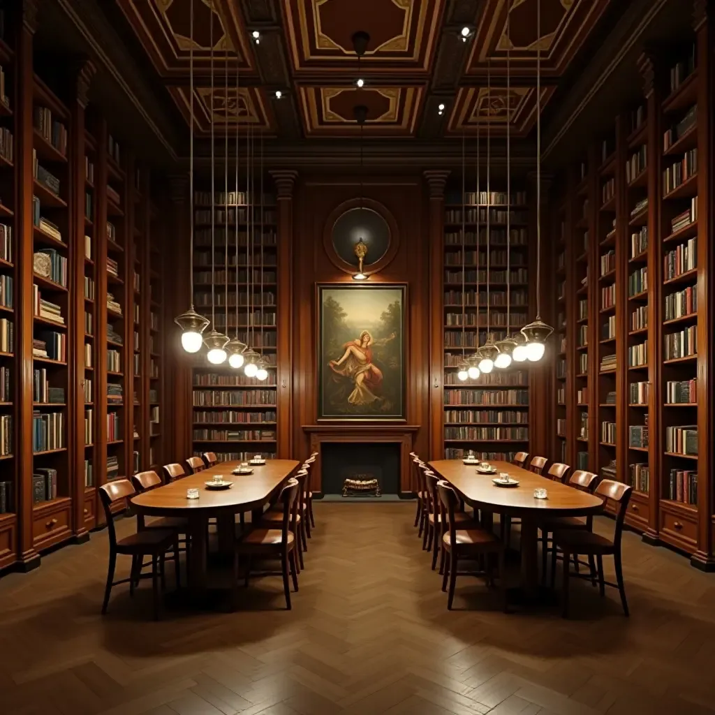 a photo of a library with pendant lighting that highlights artwork