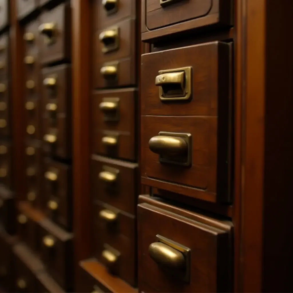 a photo of a retro library card catalog with wooden drawers and brass handles