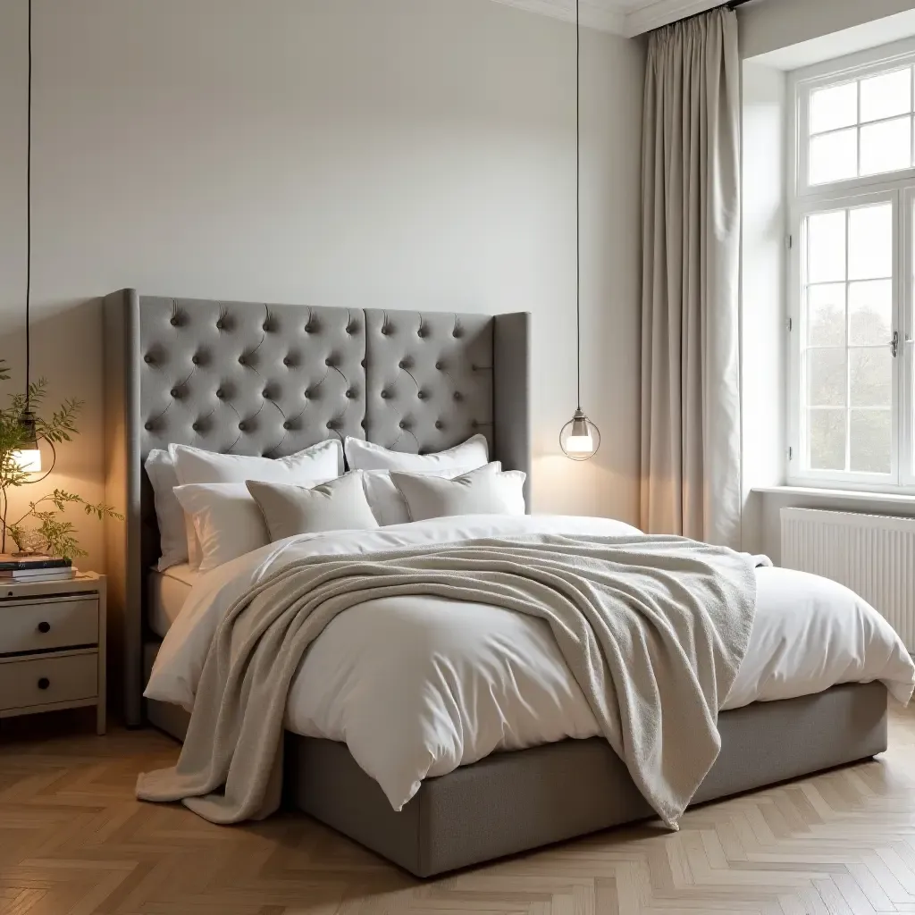 a photo of a modern bedroom with a velvet headboard, wooden flooring, and linen throw blankets