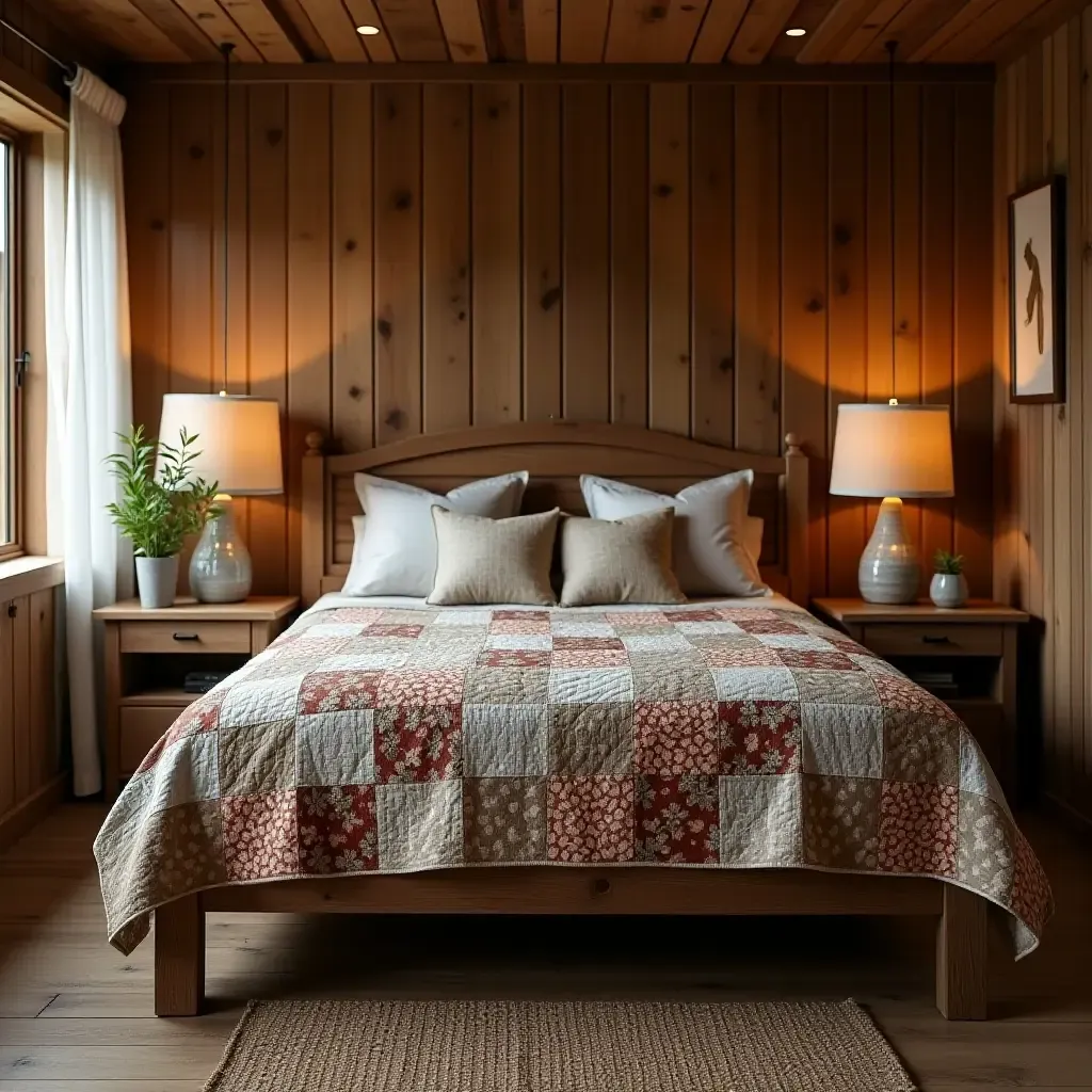 a photo of a rustic bedroom with a handmade quilt and wooden accents