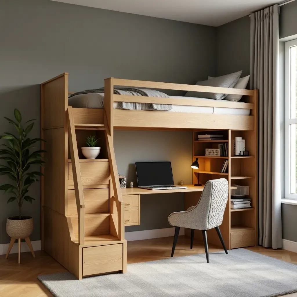 a photo of a loft bed with a study corner and bookshelves