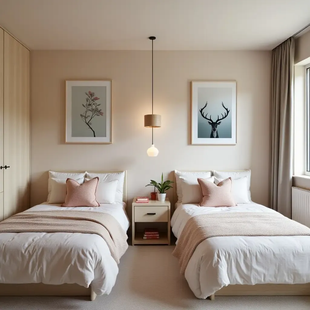 a photo of a shared bedroom designed for siblings with distinct decor styles