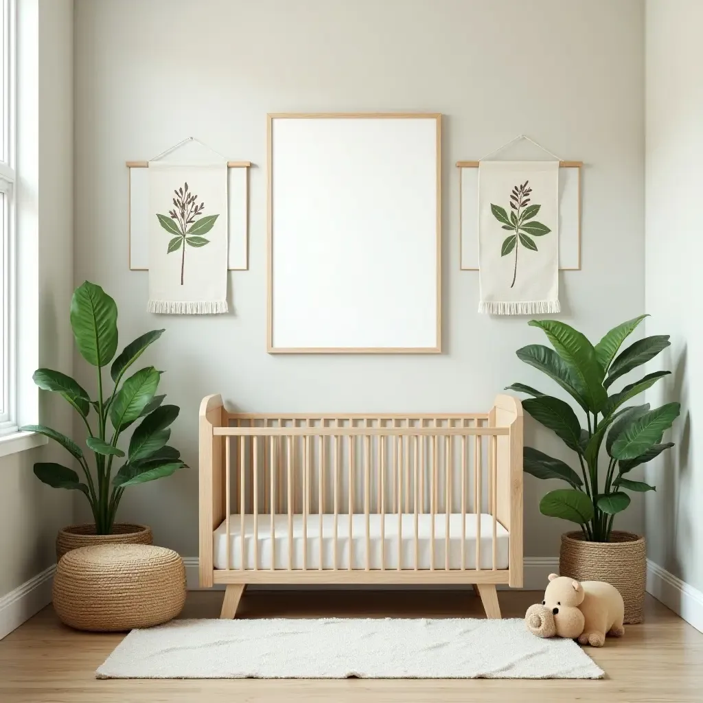 a photo of a nursery with a jungle theme, including plants and animal prints