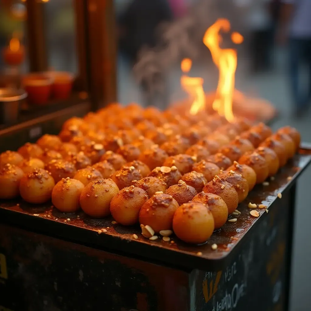 a photo of sizzling hotteok filled with nuts and syrup on a street cart