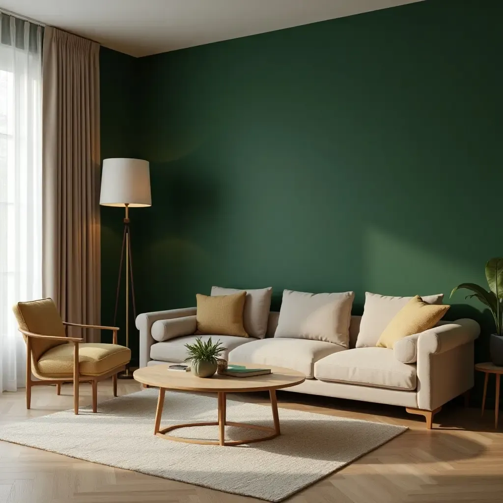 a photo of a stylish living room with deep green and warm beige