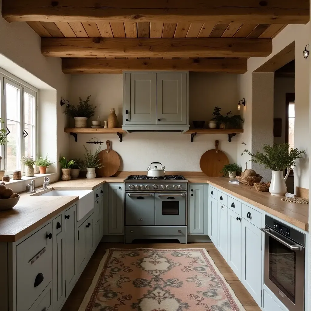 a photo of a rustic boho kitchen with reclaimed wood and soft fabrics