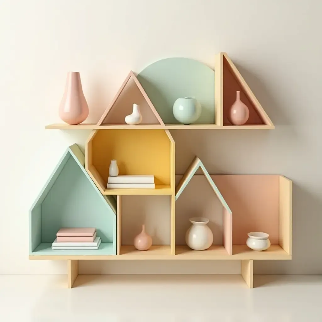 a photo of a modern nursery shelving unit with geometric shapes and bright colors