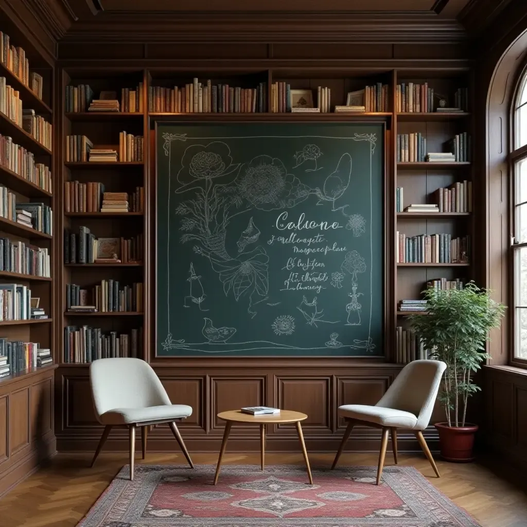 a photo of a library with a chalkboard art gallery wall