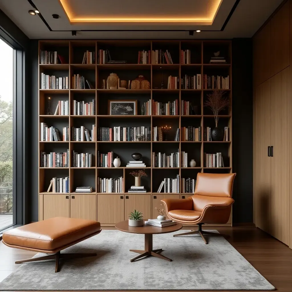 a photo of a stylish library with a wall of books and hidden storage