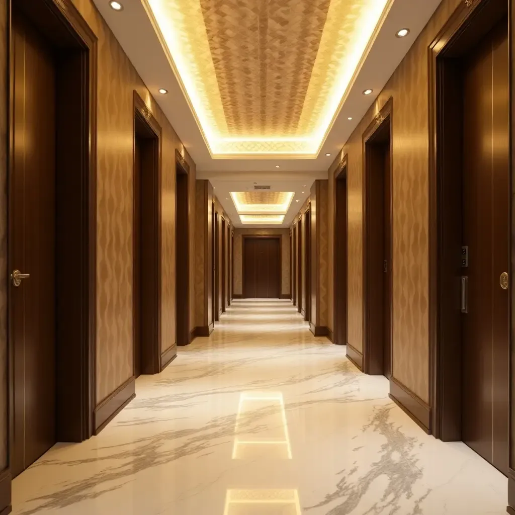 a photo of a luxurious corridor with an eye-catching ceiling design