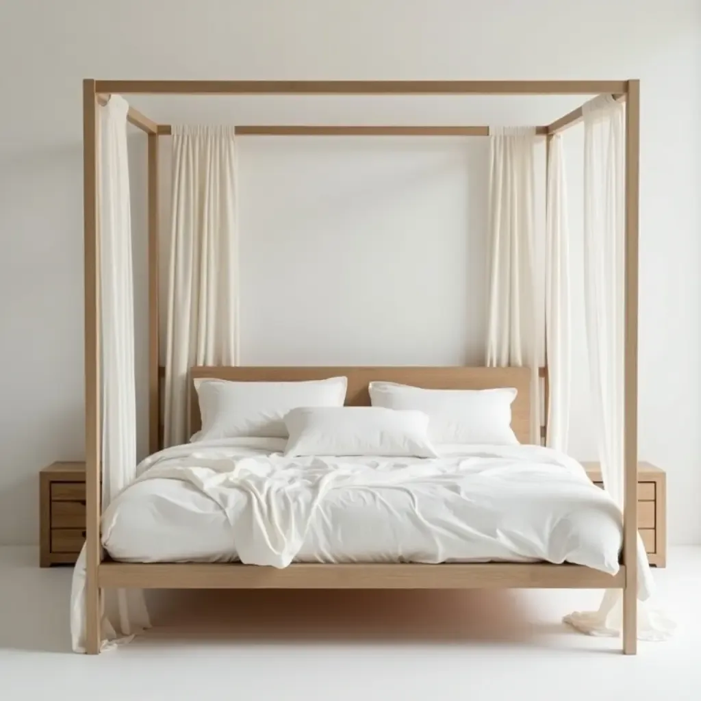 a photo of a minimalist canopy bed with wooden frame and soft linens