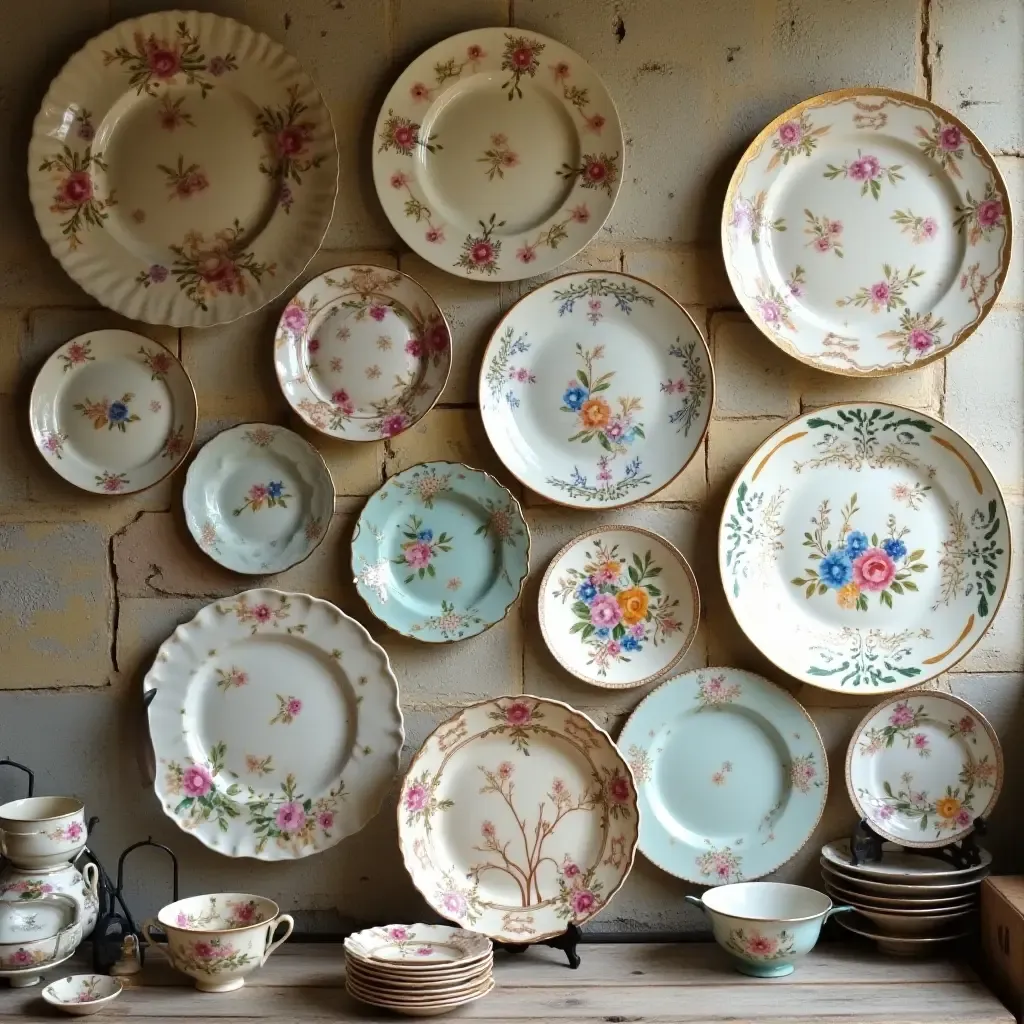 a photo of a collection of vintage plates displayed on a wall