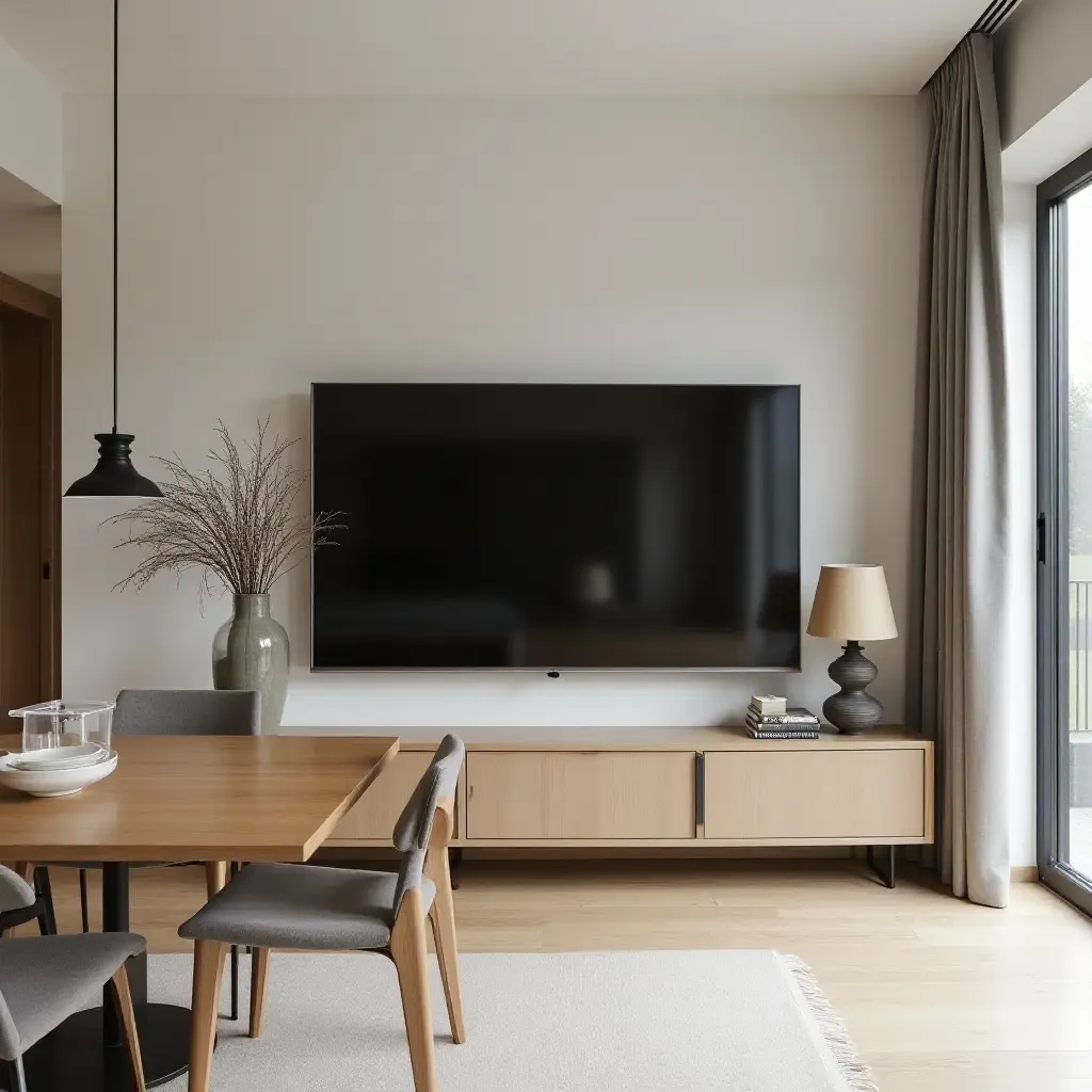 a photo of an open-plan dining space featuring a stylish TV console