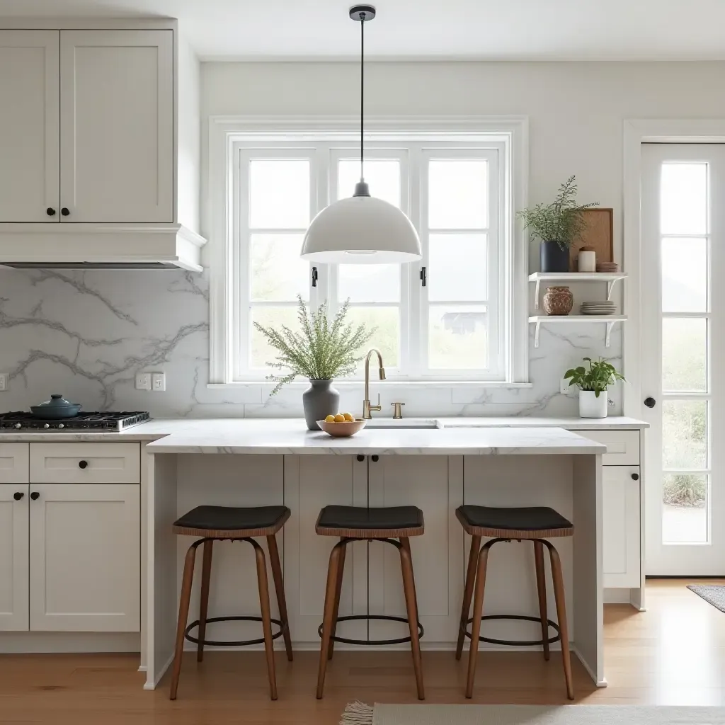 a photo of a chic breakfast nook with marble countertops and stylish bar stools