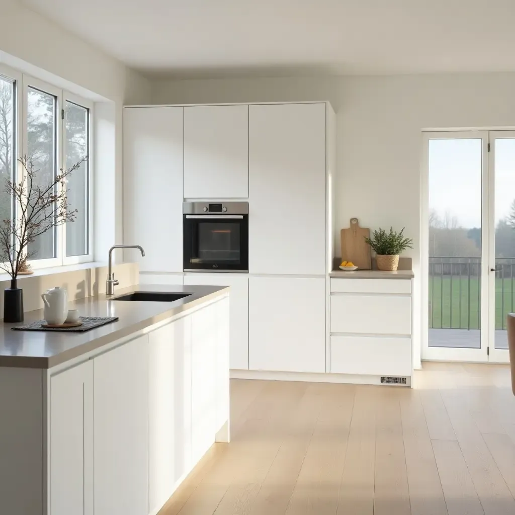 a photo of a minimalist Scandinavian kitchen with natural light and white cabinetry