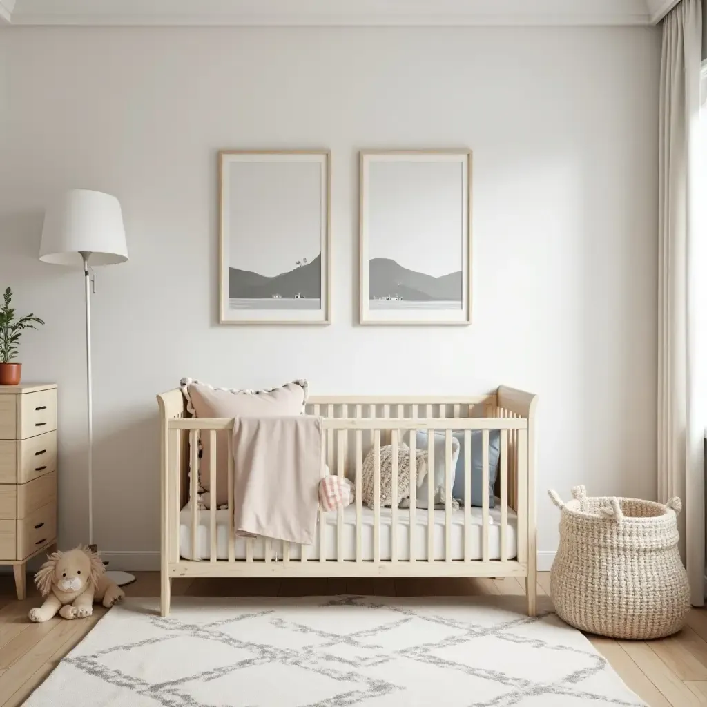 a photo of a modern nursery featuring a convertible crib and play area