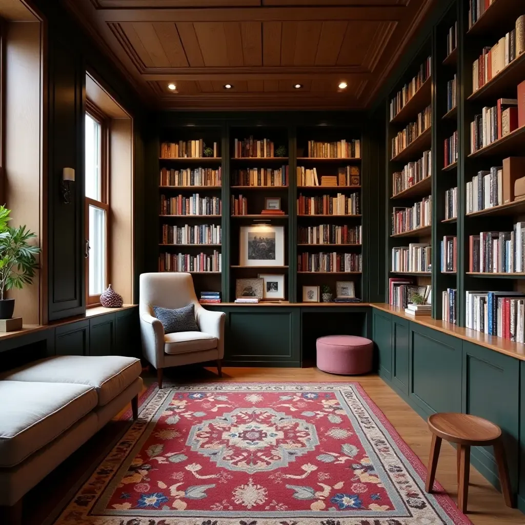 a photo of a small library with a stylish rug and cushions