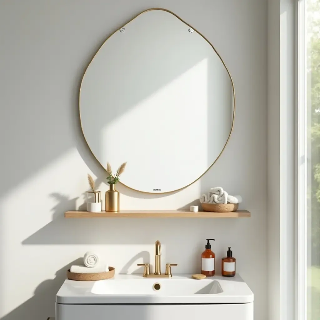 a photo of a bathroom with a mirrored shelf and bright accessories