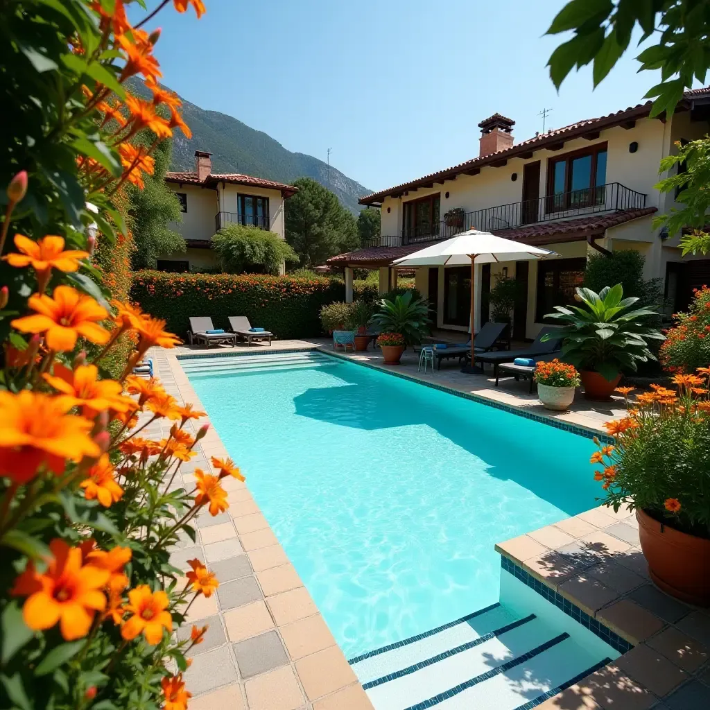 a photo of vibrant flowers in bloom around a swimming pool