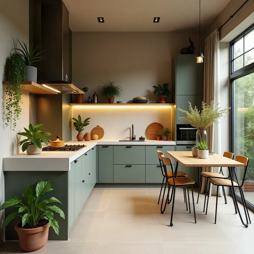 a photo of an eco-friendly kitchen featuring sustainable materials and plants