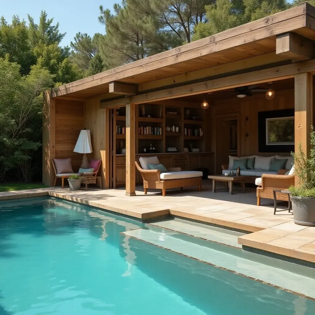 a photo of a rustic pool area featuring handmade storage solutions