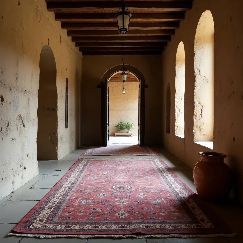 a photo of a vintage Persian rug enhancing a rustic corridor