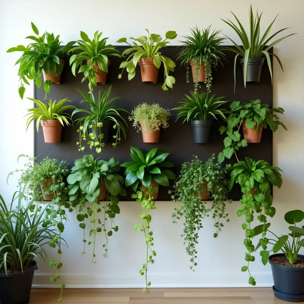 a photo of a wall-mounted garden with hanging plants