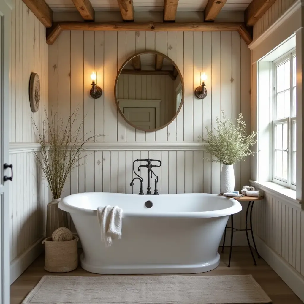 a photo of a rustic farmhouse bathroom with wooden accents and vintage decor