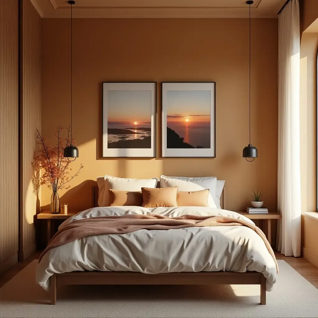 a photo of a warm-toned bedroom featuring a gallery wall of sunset photographs