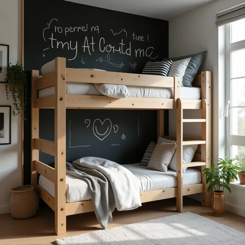 a photo of a loft bed with a chalkboard wall for creativity