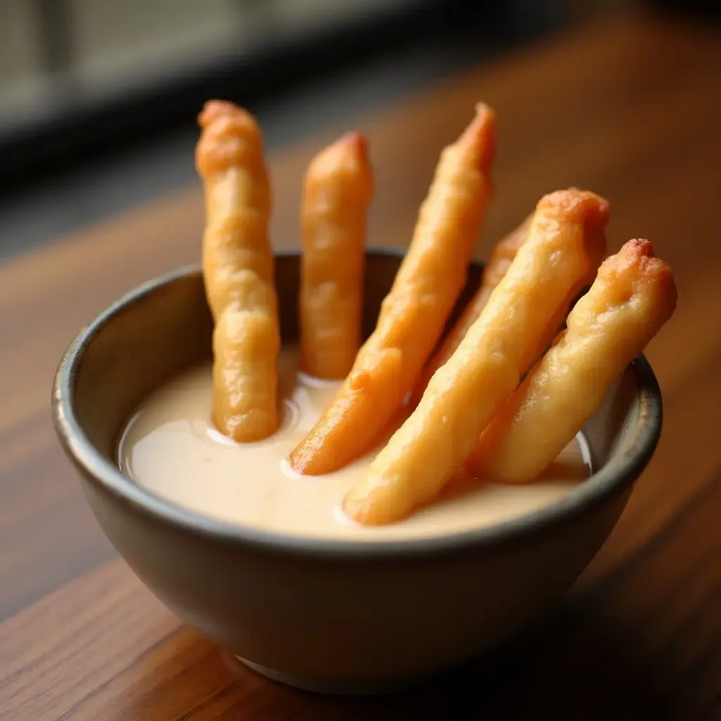 a photo of crispy fried dough sticks (youtiao) served with warm soy milk in a rustic bowl.