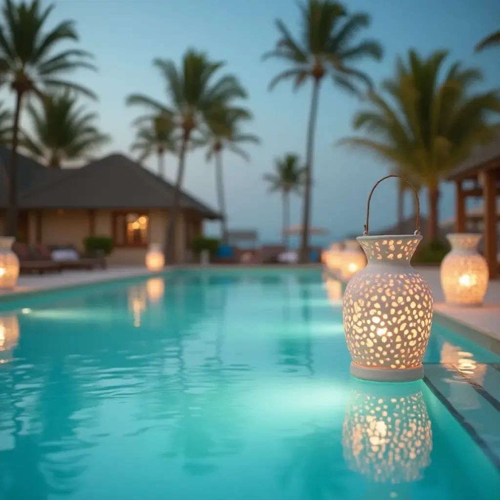 a photo of a beach-themed pool with seashell lanterns