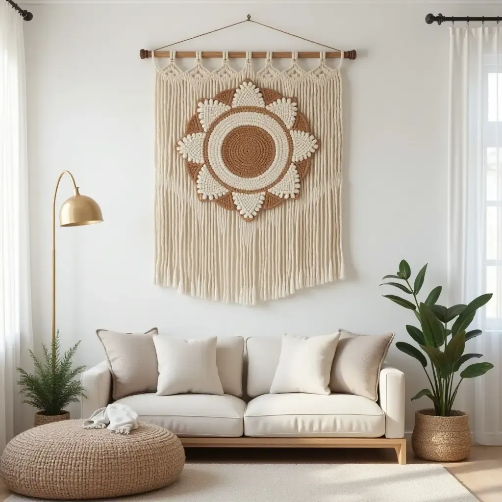 a photo of a living room featuring a woven wall hanging